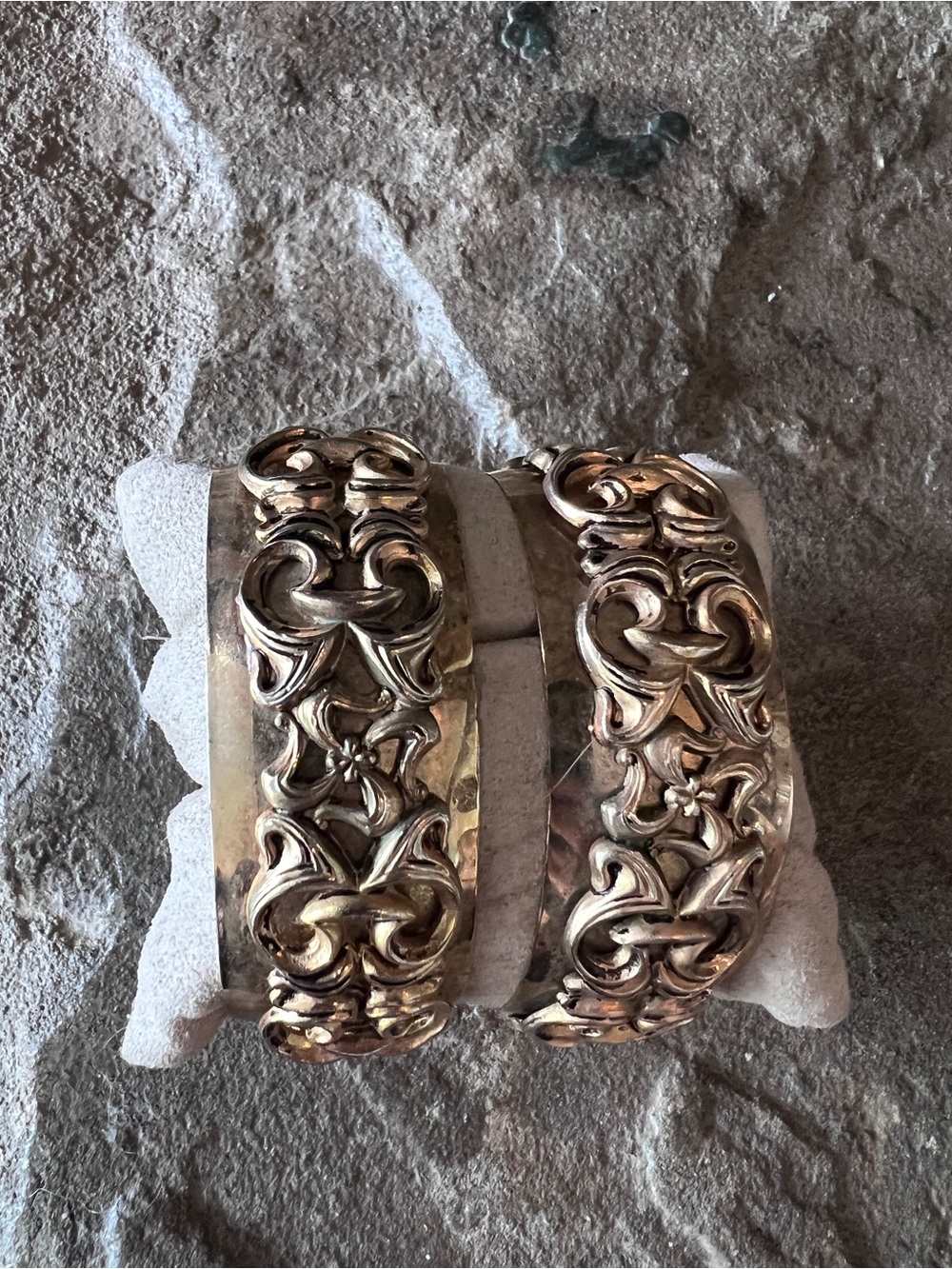 2 Vintage Ornate Filagree Scroll gold Cuff Bracelets set
